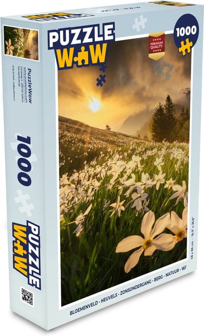 Puzzel Bloemenveld - Heuvels - Zonsondergang - Berg - Natuur - Wit - Heuvels - Legpuzzel - Puzzel 1000 stukjes volwassenen