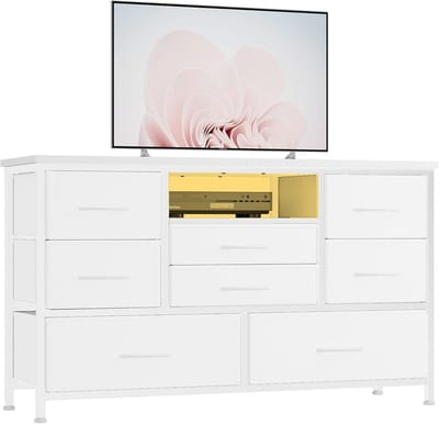 Tv-meubel met stoffen lades- commode- tv-meubel met ledverlichting- metalen frame-dressoir met organizer- voor slaapkamer- hal- woonkamer-wit
