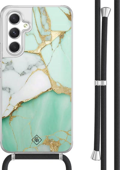 Casimoda® hoesje met koord - Geschikt voor Samsung A54 - Marmer Mintgroen - Afneembaar koord - TPU/acryl - Mint