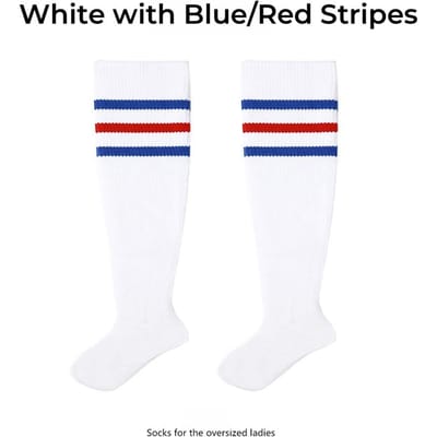 Collection de chaussettes rayées pour femmes grande taille épaisses montantes aux cuisses pour grandes filles en fil acrylique extensibles rayures colorées jambières chaussettes With THIGH BELT blue