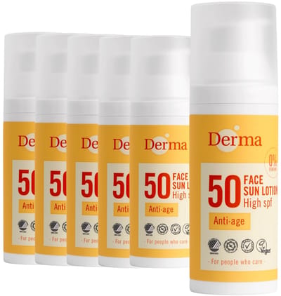 Derma Sun - Gezichtszonnecrème SPF50 - 6 x 50 ml - Waterbestendige Gezichtszonnebrand - Met Hyaluronzuur en Vitamine E - Parfumvrij - UVA en UVB Bescherming - Hypoallergeen