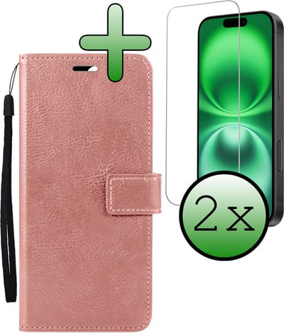Hoesje Met 2x Screenprotector - Geschikt voor Apple iPhone 16 - Luxe Pasjeshouder - Bookcase Portemonee - Flip Case - Kunstleer Book Case - Flipcase Hoes - Book Cover - Walletcase - Portemonneehoes - Rosé goud