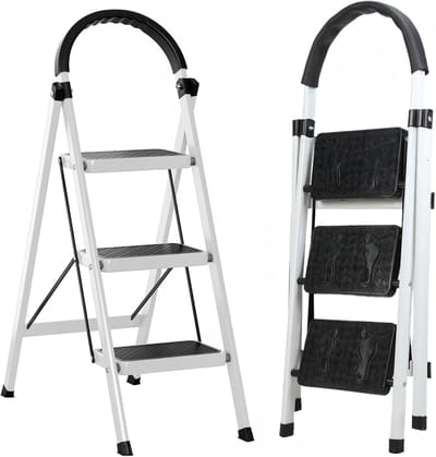 Vouwladder met Treden - Huishoudtrap Inklapbaar - Veilig Huiswerk - Met Extra Leuningen - 3 Treden 90cm - Wit