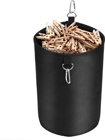 Wasknijperzak met sluitkoord voor maximaal 200 knijpers - opslag voor binnen en buiten - zwart cylindricity - knijpzak met handvat Wasknijperzak