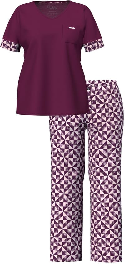 Ulla Popken - Dames - Pyjama ruitjespatroon V-hals korte mouw - Donker bes - Maat 42+