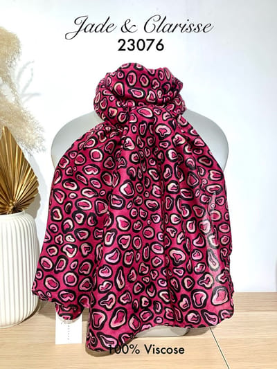 Lange dames sjaal Caia fantasiemotief fuchsia zwart roze wit lichtroze goud