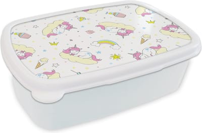 Broodtrommel Wit - Lunchbox - Brooddoos - Unicorn - Regenboog - Patroon - 18x12x6 cm - Volwassenen