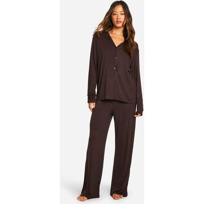 boohoo Dames Pyjamaset voor lange maten: overhemd met lange mouwen en broek | Chocoladebruin | Maat: 46
