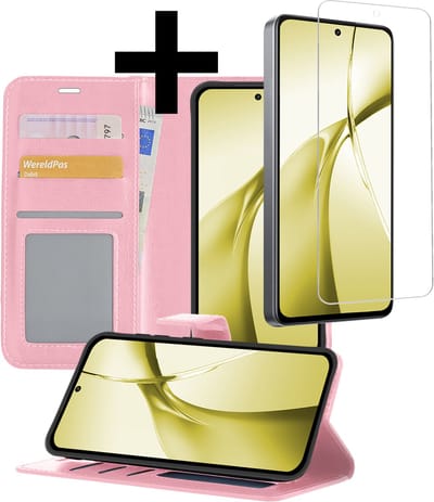 Hoesje - Met Screenprotector - Geschikt voor OnePlus Nord CE4 - Luxe Pasjeshouder - Bookcase Portemonee - Flip Case - Kunstleer Book Case - Flipcase - Book Cover - Walletcase - Portemonneehoes - Telefoonhoesjes - Lichtroze