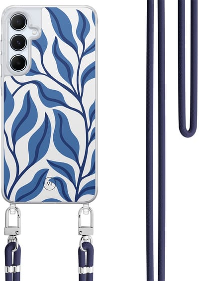 Hoesje met koord geschikt voor Samsung Galaxy A35 5G - Blue leaves - Inclusief Donkerblauw koord - Crossbody beschermhoes - Transparant, Blauw - Mooie Telefoonhoesjes