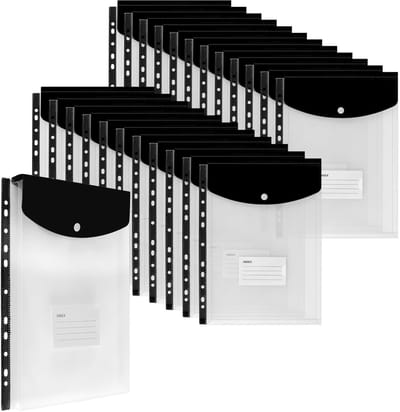Dailygoods- Documentenvakken 24 stuks - A4 - Transparante mappen - Duurzaam PP - Opbergfunctie - Verticale opening - Zwarte klep - Documentenmap