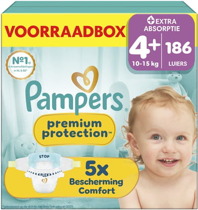Pampers Premium Protection Maat 4+ - 186 Luiers - 10kg-15kg - Voorraadbox