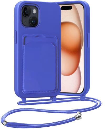 Hoesje Geschikt voor iPhone 15 Plus Hoesje Met Telefoonketting Pasjeshouder Case Koord - Hoesje Geschikt voor iPhone 15 Plus Hoes Met Kaarthouder - Felblauw