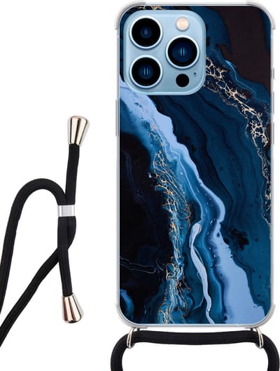 Hoesje met koord - Geschikt voor iPhone 13 Pro - Marmer lagoon blauw - Verstelbaar zwart koord - Transparant, Blauw - Marmer - Leuke Telefoonhoesjes