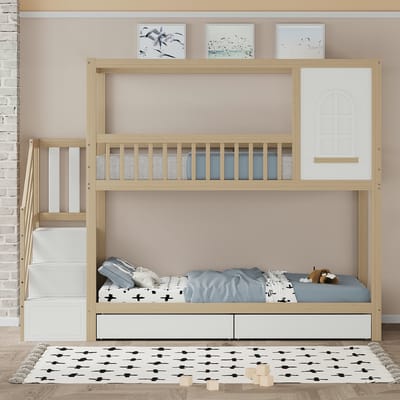 VVBV Huisbed Stapelbed 90x200 cm - Opbergruimte, Veiligheidstrap, Uitvalbeveiliging, Huisdesign - Massief Hout Naturel
