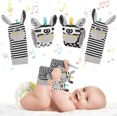 Babyspeelgoed 0-6 maanden, voetzoekers en polsrammelaars voor baby's, speelgoed voor pasgeborenen, sensorisch speelgoed, babybenodigdheden voor jongens en meisjes, polsrammelaar, cadeaus, speelgoed 0 3 6 9 maanden, grijs