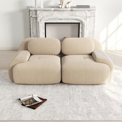 Corduroy loveseat - modulaire frameloze 2-zitsbank - 2 personen - beige - gebogen armleuningen - antislip onderkant - geen montage nodig