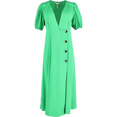 Ganni midi-wikkeljurk met pofmouwen in groene viscose