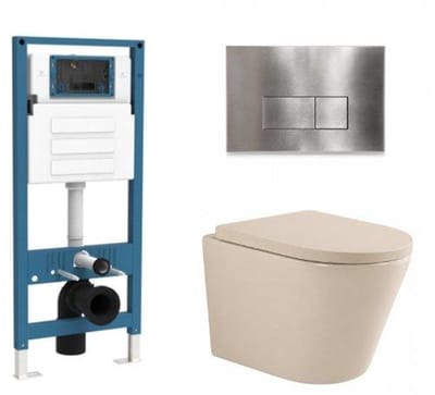 QeramiQ Dely Toiletset - inbouwreservoir Qeramiq Flush - 35mm zitting - metaal RVS bedieningsplaat - rechthoekige knoppen - beige
