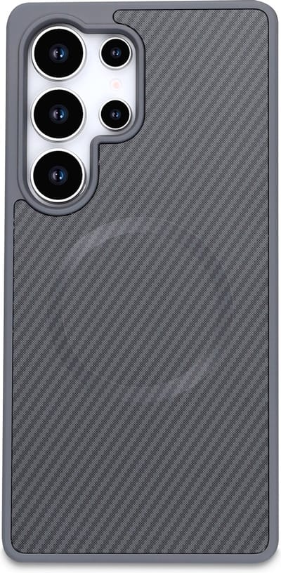 Casemania Hoesje Geschikt voor Samsung Galaxy S23 Ultra - Grijs - Carbon Back Cover - Geschikt voor MagSafe