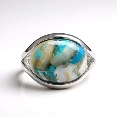 Cavill - Zilveren Ring - 925 Sterling Zilver Gerhodineerd - Turquoise Mozaiek Cabochon 5,85 ct - Elegante Damesring Modern Ontwerp 23x20,5 mm