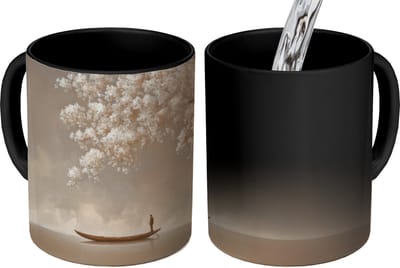 Magische Mok - Foto op Warmte Mokken - Koffiemok - Bloesems - Wit - Boot - Minimalistisch - Magic Mok - Beker - 350 ML - Theemok
