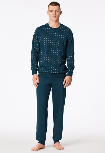 Schiesser pyjama heren Katoen lange mouw- Comfort Essentials - Zonder boordjes - 48 - Petrol