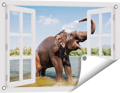 Gards Tuinposter Doorkijk Vrolijke Olifant in het Water - 60x40 cm - Tuindoek - Tuindecoratie - Wanddecoratie buiten - Tuinschilderij