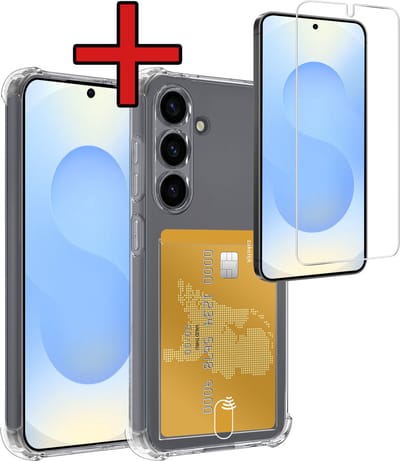 Hoesje - Geschikt voor Samsung Galaxy S25 - Met Screenprotector - Pashouder - Kaarthouder - Back Cover - Telefoon Hoes Shockproof - Siliconen Case - Shock Proof - Pasjes Houder - Telefoonhoes - Transparant
