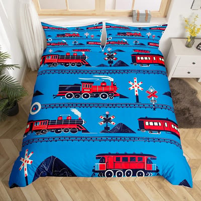 Vintage Stoomtrein Dekbedovertrek Cartoon Klassiek Spoorweg Retro Beddengoed Set Cadeau voor Meisjes Jongens Reis Locomotief Trein Bed Overtrek US Queen(228*228cm)3pcs