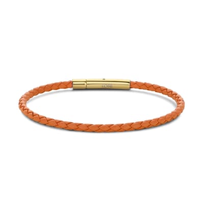 CO88 Collection 8CB-90911 Stalen Armband - Dames - Leer - Gevlochten - 18.5 cm - Oranje - 3 mm - Goudkleurig