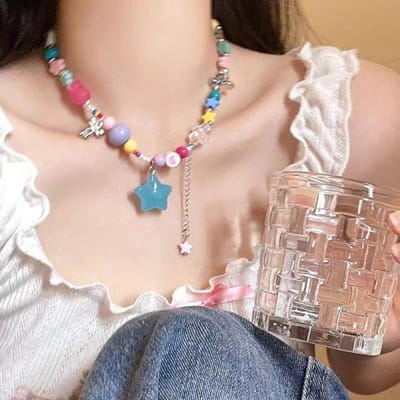 Multicolor Y2K Bohemia Candy Color Cute Necklace for Women Star Pendant Beaded Clavicle Chain Necklaces Vacation Accessories Adjustable white