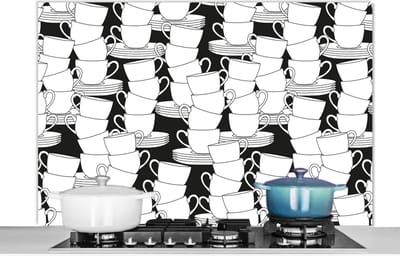 Spatscherm keuken 120x80 cm - Kookplaat achterwand Patronen - Zwart wit - Kopjes - Thee - Muurbeschermer - Spatwand fornuis - Hoogwaardig aluminium