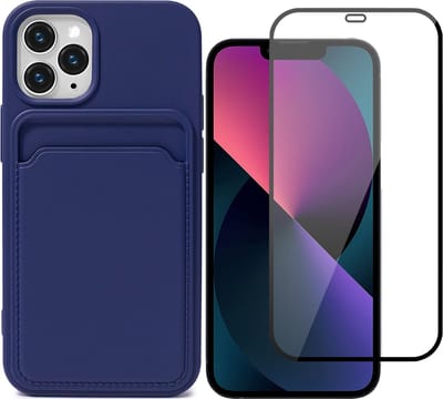 Hoesje geschikt voor iPhone 13 Pro Pasjeshouder Blauw - Siliconen Case Back Cover + Full Screen Protector Glas Screenprotector
