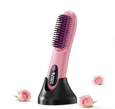 Draadloze ronde stylingsborstel voor kort haar | 3 temperatuurstanden, ionenverzorging voor volume en glans-roze