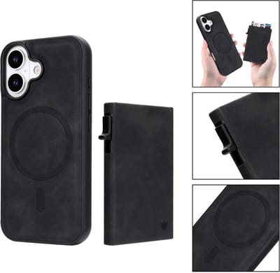 Casemania Hoesje Geschikt voor Apple iPhone 17 - Charcoal Gray - Magnetisch Back Cover met Uitschuifbaar Pasjeshouder - 2 in 1 Telefoonhoesje geschikt voor MagSafe met 6 Pasvakjes Creditkaarthouder - Donker Grijs