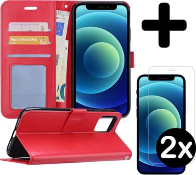 Hoesje - Met 2x Screenprotector - Geschikt voor Apple iPhone 12 - Luxe Pasjeshouder - Flip Case - Bookcase Portemonee - Kunstleer Book Case - Flipcase Hoes - Book Cover - Walletcase - Portemonneehoes - Telefoonhoes - Rood