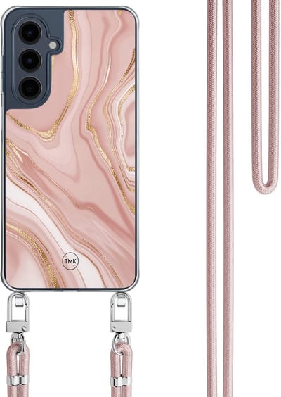 Telefoonhoesje met koord geschikt voor Samsung A16 - Rose marble - Inclusief Rosegoud koord - Transparant, Roze - Marmer - Crossbody beschermhoes - Met Telefoonketting