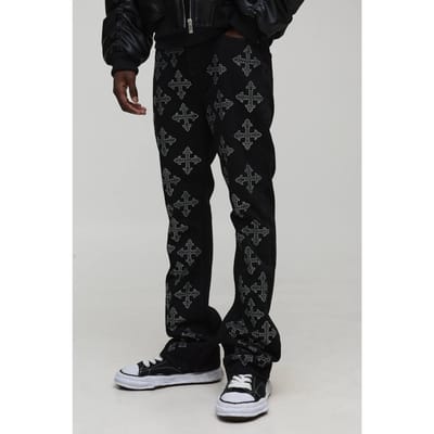Gestapelde wijd uitlopende kruisvormig met strasssteentjes verfraaide denim jeans | Black | Size 36R
