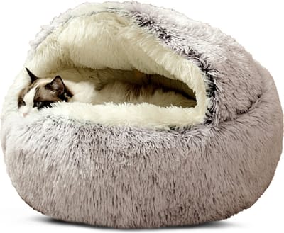 CALIYO Kattentunnel en kattenmand in 1 Hondenmand Schelpvorm - Kattenmand 65 cm - Half Gesloten Hondenkussen - Geschikt voor honden/katten tot 45 cm - Lichtbruin