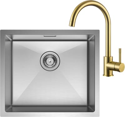 CECIPA Max Spoelbak Keuken 50x44CM - Gootsteen RVS - Spoelbakken Keuken Met Goud Keukenkraan - Wasbak Keuken - Enkele Spoelbak - Spoelbakken met afdruip - RVS