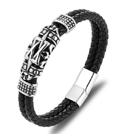 Sorprese armband - Prime - armband heren - leer - zwart - 21 cm - zilverkleurige bedel - cadeau - Model M
