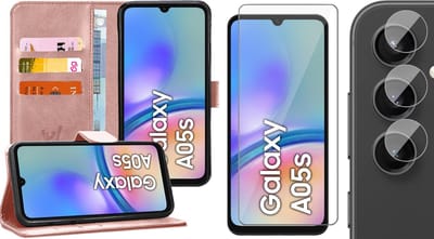 Hoesje geschikt voor Samsung Galaxy A05s - Screenprotector Glas & Camera - Portemonnee Book Case Rosegoud