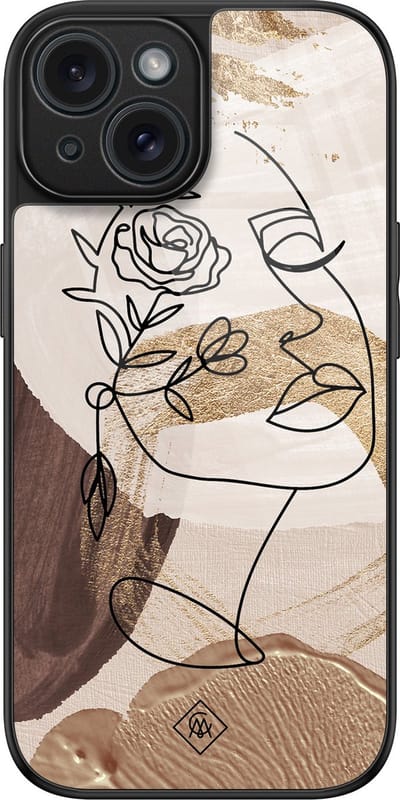 Casimoda® hoesje - Geschikt voor iPhone 15 - Abstract Gezicht Bruin - Luxe Hard Case Zwart - Backcover telefoonhoesje - Bruin/beige