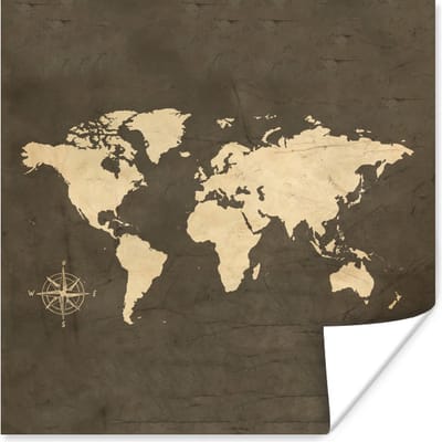 Poster 30x30 cm - wereldkaart - Vintage - Windroos - Posters - Kamer decoratie - Wanddecoratie woonkamer - Muurdecoratie slaapkamer