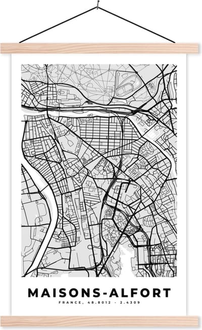 Posterhanger incl. Poster 40x60 cm - Schoolplaat - Kaart - Stadskaart - Frankrijk - Maisons-Alfort - Plattegrond - Textielposter - Blanke latten - Stadskaart