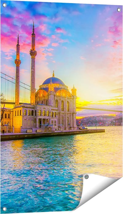 Gards Tuinposter Kleurrijke Ortakoy Moskee in Instanbul - 60x90 cm - Tuindoek - Tuindecoratie - Wanddecoratie buiten - Tuinschilderij