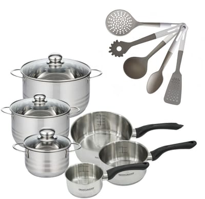 Set van 3 Braadpannen 16/20/24 cm & 3 Steelpannen 12/16/20 cm Fackelmann Geneva met 5 Keukengerei
