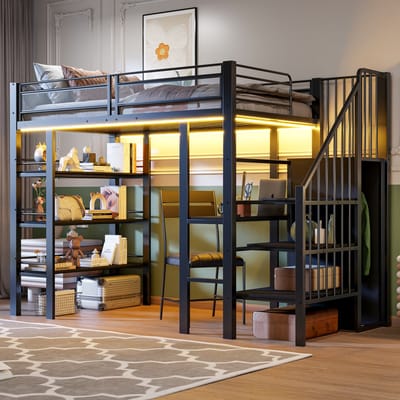 Hoogslaper - 90x200 cm - Met LED en Stopcontact - Met Plank en Boekenkast - Metaal - Zwart