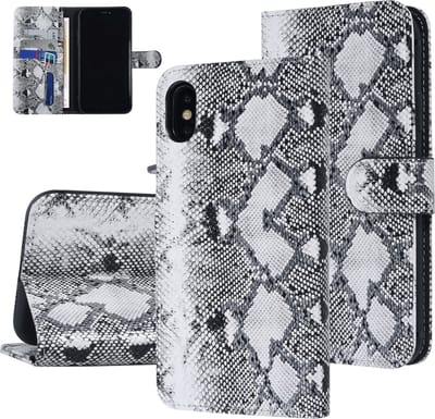 UNIQ Accessory iPhone Xs Max Slangenleer Booktype hoesje - Pasjeshouder voor 3 pasjes - Zwart en Wit